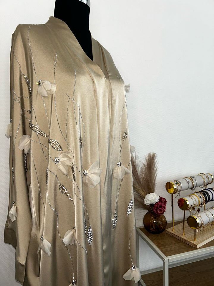 Satin Creme Crystal Abaya