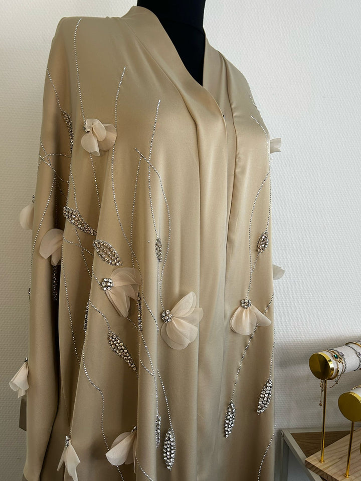 Satin Creme Crystal Abaya