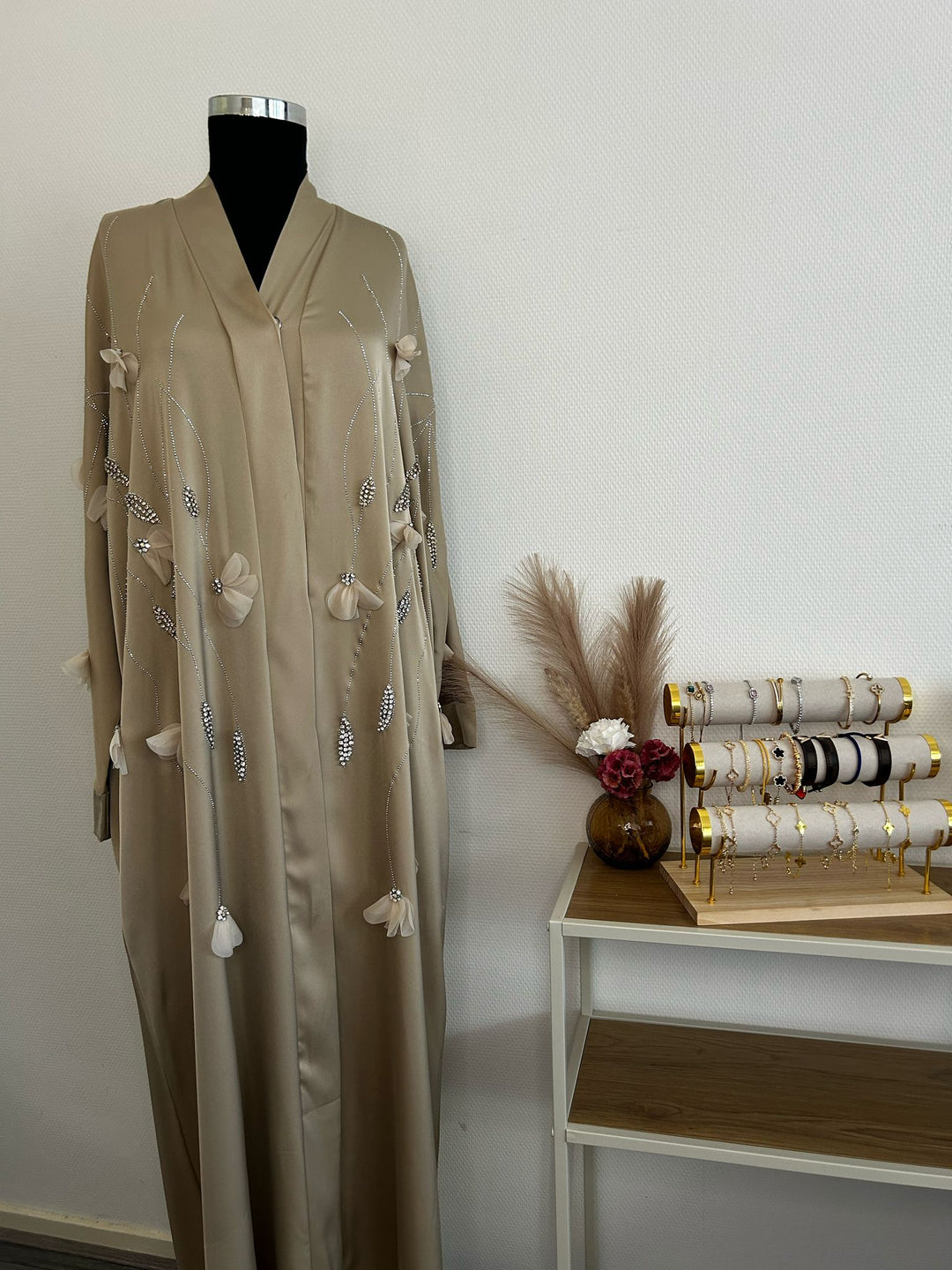 Satin Creme Crystal Abaya