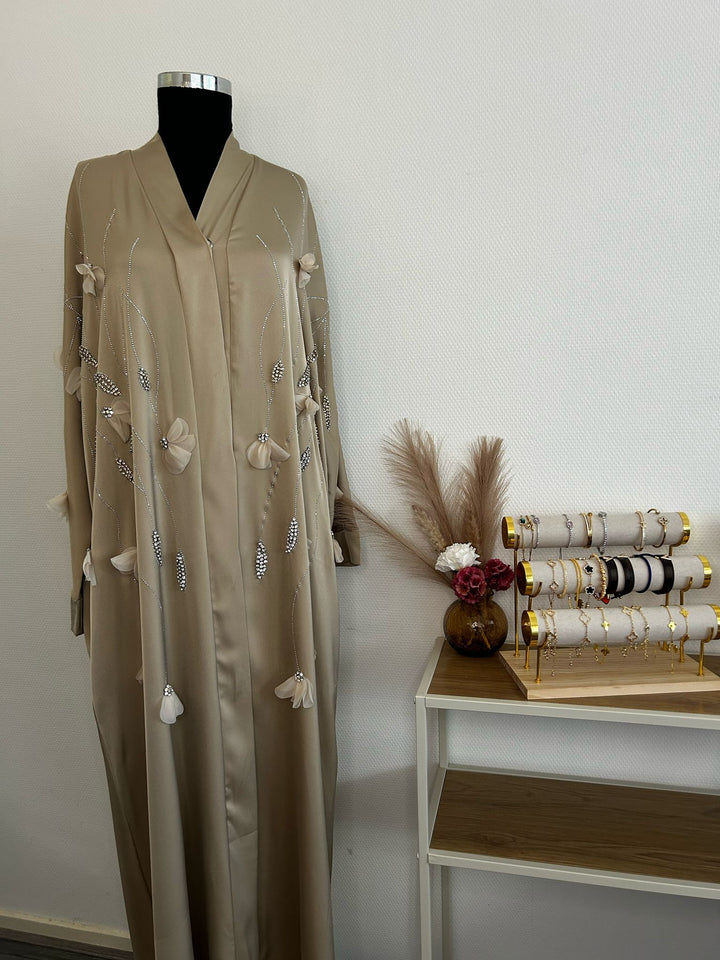 Satin Creme Crystal Abaya