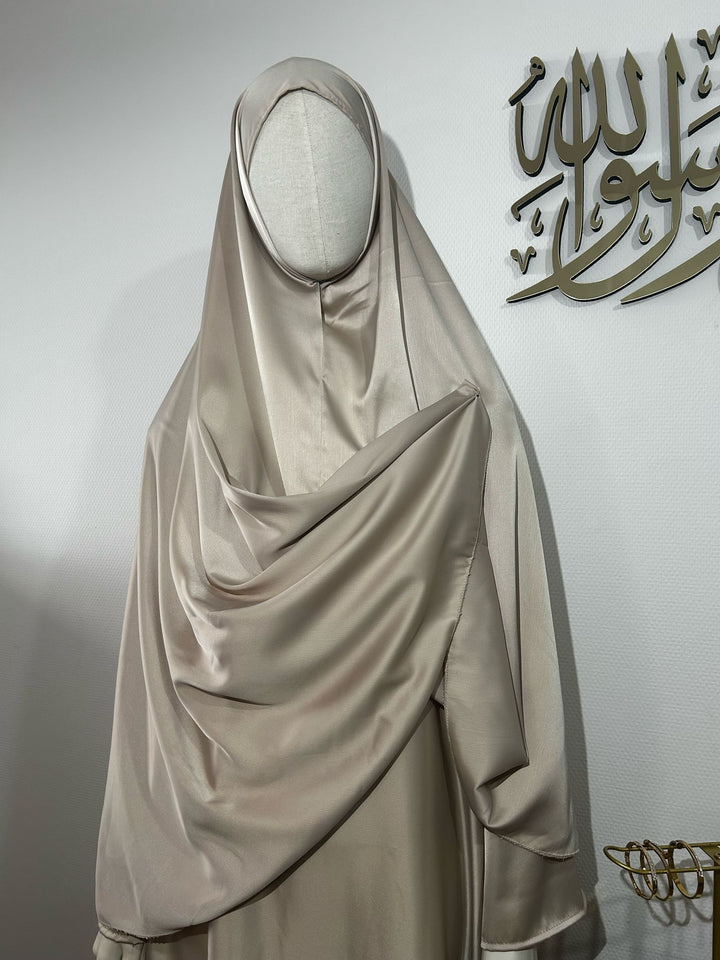 Beige Plain Satin Khimar Abaya