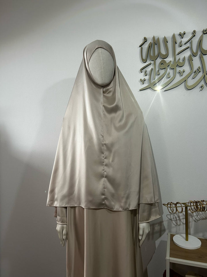 Beige Plain Satin Khimar Abaya